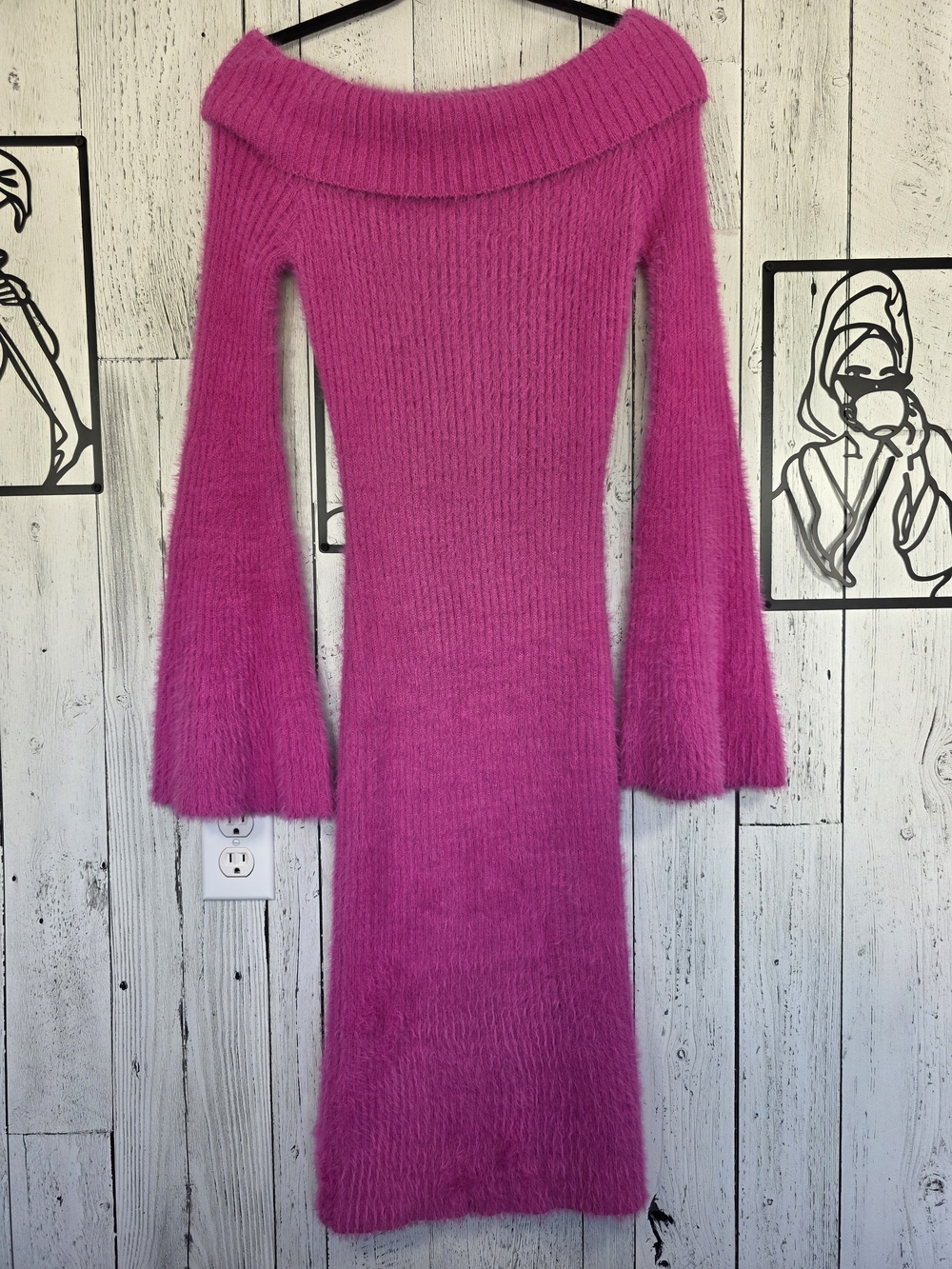 Fashion Nova Pink Fuzzy Sweater Dress Size L Off Shoulder Bell Sleeve Barbiecore